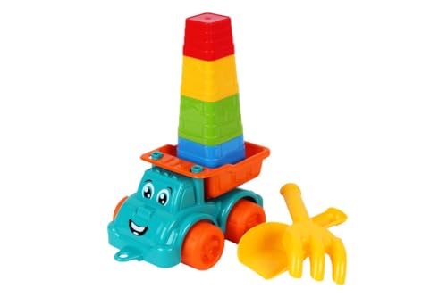 Spielzeugauto Stapelturm Set mit Traktor Spielzeug, 4 Sandförmchen, Schaufel und Rake, Sandkasten Sandspielzeug Set für Kinder ab 1 2 3 4 5 6 Jahre Mädchen Junge von FANCY