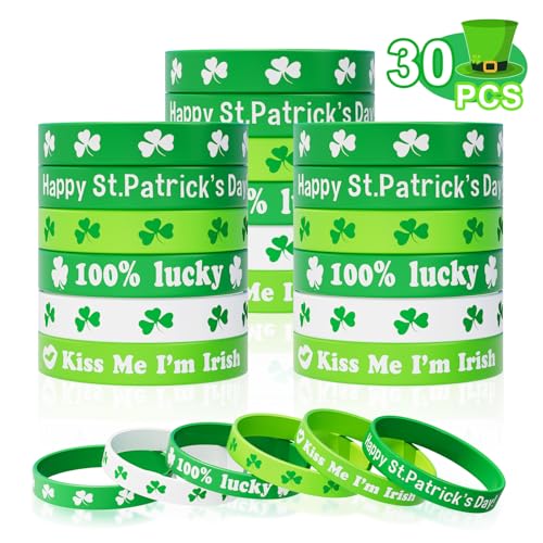 St. Patricks Day Armbänder für Kinder – 30 Stück Kleeblatt-Gummi-Armbänder, Großpackung St. Patrick's Day Partyzubehör, Grünes Kleeblatt, irische Armbänder, St. Patrick's Day Zubehör, Leckereien, von Genuvi