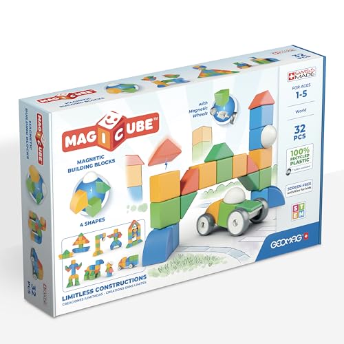 Geomag - Magicube 1+ Formen - Magnetische Blöcke für Kinder - 4 Farben und Formen - 32 Würfel - 1-5 Jahre - 100% Recyceltes Plastik von Geomag