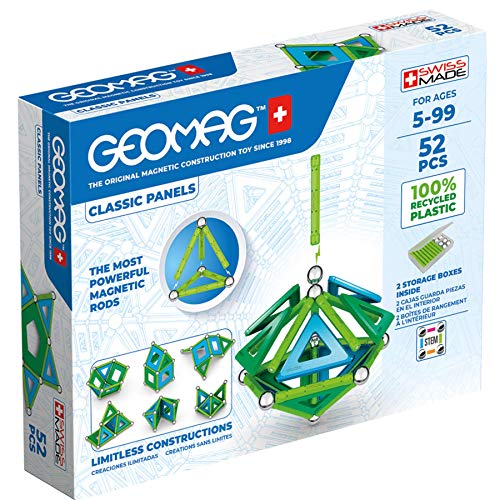 Geomag - Classic Panels 52 Teile - Magnetisches Konstruktionsspielzeug für Kinder - Green Line - Lernspiel aus 100% Recyclingkunststoff von Geomag