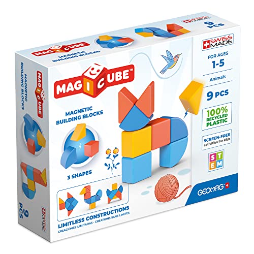 GEOMAG - MAGICUBE - 9 Magnetische Bausteine Rot/Orange/Blau - Pädagogisches Spielzeug Für Kinder Ab 1 Jahr - Baue ein Tier - Hergestellt in der Schweiz - 100% Recyceltes Plastik - Fördert Die Motorik von Geomag
