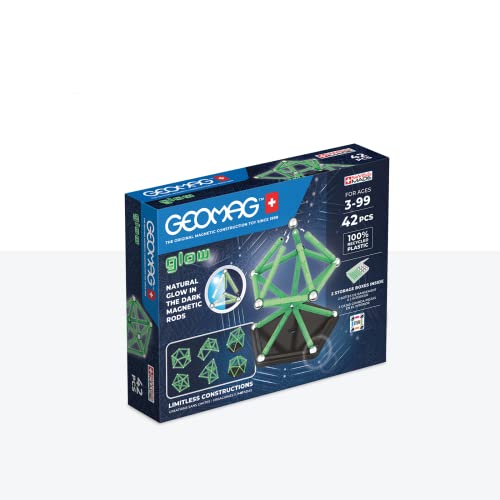 Geomag, Glow Recycled, Magnetische Konstruktionen mit Leuchteffekt, Magnetstäbe, die im Dunkeln Leuchten, 42-teilige Packung, 100% Recycling-Kunststoff von Geomag