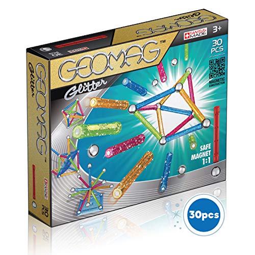 GEOMAG - CLASSIC GLITTER 30 Teile - Glitzerndes Magnetische Bausteine für Kinder ab 3 Ja- Hergestellt in der Schweiz - 13 Glitzernde Farbige Stäbe, 16 Kugeln, 1 Konstruktionsbasis - Magnetspielzeug von Geomag