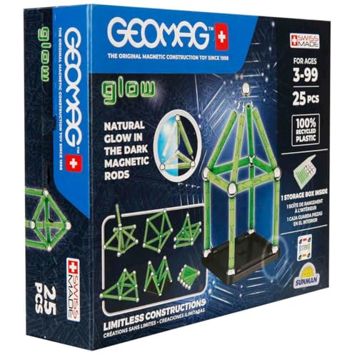 Geomag, Glow Recycled, Magnetische Konstruktionen mit Leuchteffekt, Magnetstäbe, die im Dunkeln Leuchten, 25-teilige Packung, 100% Recycling-Kunststoff, White von Geomag