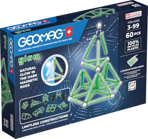 Geomag – Glow Recycled – 60 Stück – phosphoreszierende magnetische Konstruktionen – phosphoreszierende Magnetstreifen – 100% recycelter Kunststoff – kreatives Geschick – 3D-Konstruktion von Geomag