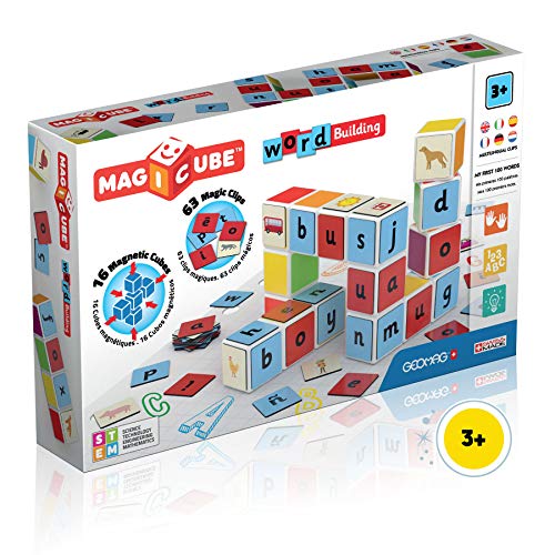 Geomag Magicube Word Building - 16 Magnetwürfel für Konstruktionen + 63 Clip - Baukasten Lernspielzeug, 84 Mehrfarbig von Geomag