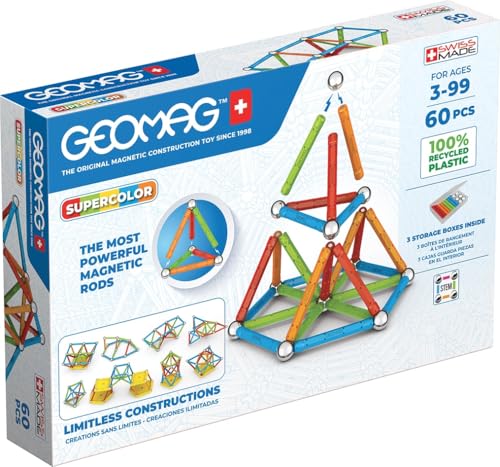 Geomag – Supercolor 60 Teile – 100% recycelter Kunststoff – Magnetisches Konstruktionsspiel für Kinder ab 3 Jahren – Swiss Made – Bausteine mit 28 Stäben, 28 Kugeln, 4 Basen – STEM-Magnetspiele Geomag – Supercolor 60 Teile – 100% recycelter Kunststoff – Magnetisches Konstruktionsspiel für Kinder ab 3 Jahren – Swiss Made – Bausteine mit 28 Stäben, 28 Kugeln, 4 Basen – STEM-Magnetspiele von Geomag