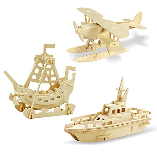 Georgie Porgy Hölzerne 3D Puzzle Sammlung Puzzle Modell Kit Baukasten Holzhandwerk Kinder Puzzle Pädagogisches Spielzeug DIY Geschenk Packung 3 (Wasserflugzeug Piratenschiff Rettungsboot) von Georgie Porgy