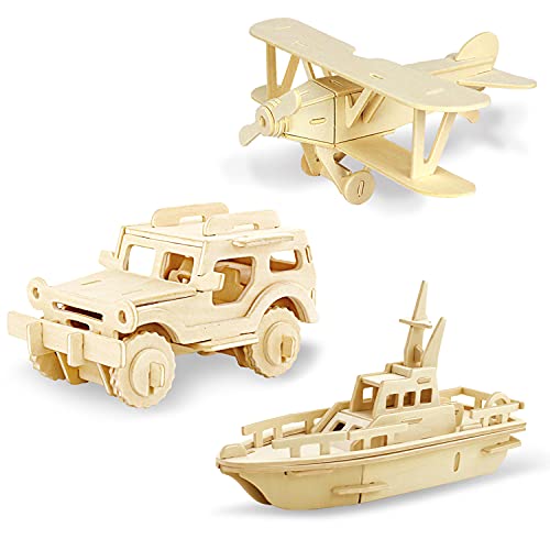 Georgie Porgy Hölzerne 3D Puzzle Sammlung Puzzle Modell Kit Baukasten Holzhandwerk Kinder Puzzle Pädagogisches Spielzeug DIY Geschenk Packung 3 (Doppeldecker Geländewagen Yacht) von Georgie Porgy