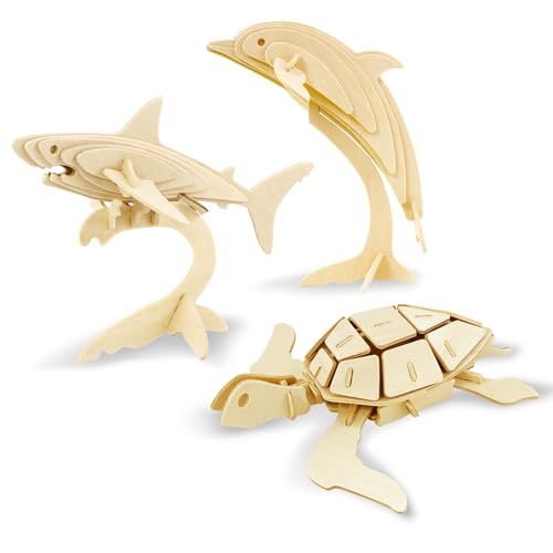 Georgie Porgy Hölzerne 3D Puzzle Sammlung Puzzle Modell Kit Baukasten Holzhandwerk Kinder Puzzle Pädagogisches Spielzeug DIY Geschenk Packung 3 (Hai Schildkröte Delfin) von Georgie Porgy