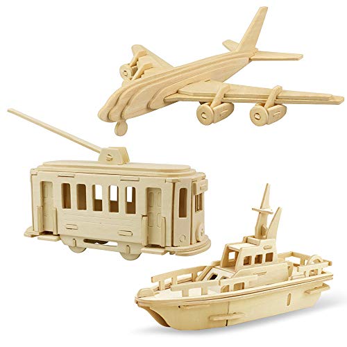 Georgie Porgy Woodcraft Bausätze 3D Holzpuzzle Puzzle Holzmodellbausatz für Kinder Spielzeug 3 Stück (Flugzeug Straßenbahn Yacht) von Georgie Porgy