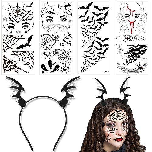 4 Stück Halloween Fledermaus Temporäre Tattoos Fledermaus Aufkleber mit Halloween Fledermaus Haarreif Teufel Stirnband Halloween Gesichtstattoos für Junggesellenabschied Karneval Cosplay von Geosar