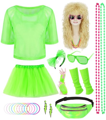 80er 90er Jahre Outfit Damen 80 Jahre Kostüm Zubehör Set Retro Neon Kostüm Party 80er Jahre Kleidung Frauen Set für Karneval Bad Taste Mottoparty mit 80er 90er Perücke Blond Netzshirt Grün 054G von Geplaimir