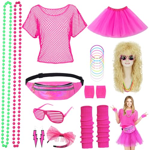 80er 90er Jahre Outfit Damen 80 Jahre Kostüm Zubehör Set Retro Neon Kostüm Party 80er Jahre Kleidung Frauen Set für Karneval Bad Taste Mottoparty mit 80er 90er Perücke Blond Netzshirt Rosa 054R von Geplaimir