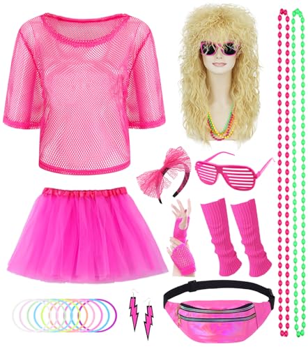 80er 90er Jahre Outfit Damen 80 Jahre Kostüm Zubehör Set Retro Neon Kostüm Party 80er Jahre Kleidung Frauen Set für Karneval Bad Taste Mottoparty mit 80er 90er Perücke Blond Netzshirt Rosa 054R von Geplaimir