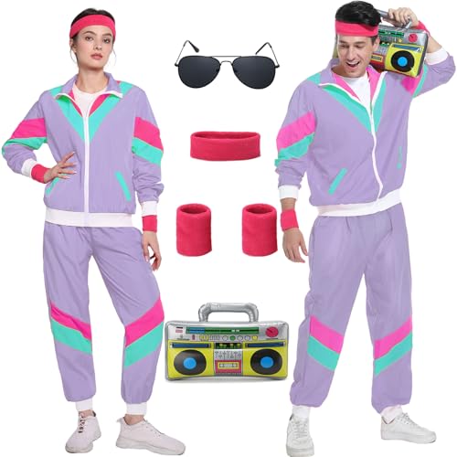 80er Jahre Kostüm 90er Jahre Kostüm Pop Art für Retro Stil Bad Geschmack Party 80er 90er Jahre Outfit Kleidung Accessoires für Damen Herren Lila G047XXXL von Geplaimir