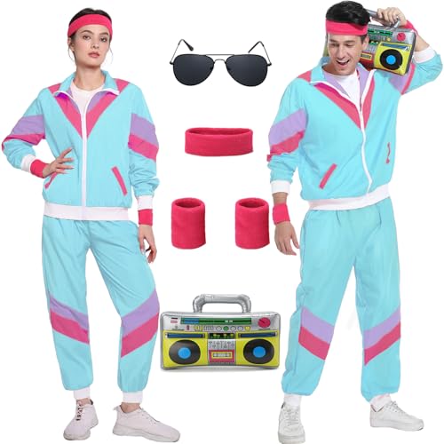 80er Jahre Kostüm Trainingsanzug Pop Art für Retro Stil Bad Geschmack Party Assi Anzug Proll Anzug Assi Jahre 80er 90er Jahre Outfit Kleidung Accessoires für Damen Herren Jogginganzug Blau G041XXLA von Geplaimir