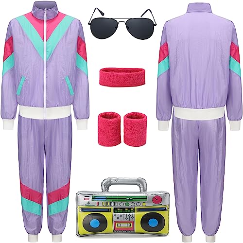 80er Jahre Kostüm Trainingsanzug Pop Art für Retro Stil Bad Geschmack Party Assi Anzug Proll Anzug Assi Jahre 80er 90er Jahre Outfit Kleidung Accessoires für Damen Herren Jogginganzug Lila G047L von Geplaimir