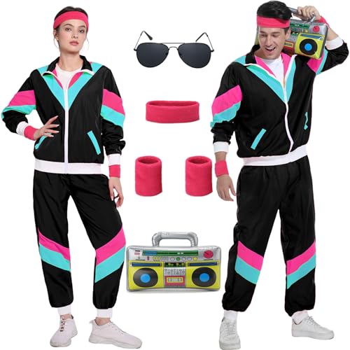 80er Jahre Kostüm Trainingsanzug Pop Art für Retro Stil Bad Geschmack Party Assi Anzug Proll Anzug Assi Jahre 80er 90er Jahre Outfit Kleidung Accessoires für Damen Herren Jogginganzug Schwarz G045L von Geplaimir