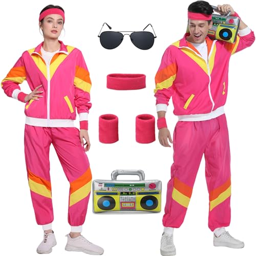 80er Jahre Kostüm Trainingsanzug Pop Art für Retro Stil Bad Geschmack Party Assi Anzug Proll Anzug Assi Jahre 80er 90er Jahre Outfit Kleidung Accessoires für Damen Herren Jogginganzug Rosa G046L von Geplaimir