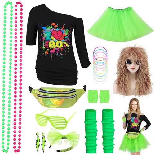 80er Jahre Outfit Damen, Neon Kostüm Damen Faschingskostüm 80er Jahre Erwachsener Mottoparty Outfit Kleidung für Karneval Fastnacht mit Neon Zubehör Tüllrock Gürteltasche Stirnband, Grün, G087M von Geplaimir