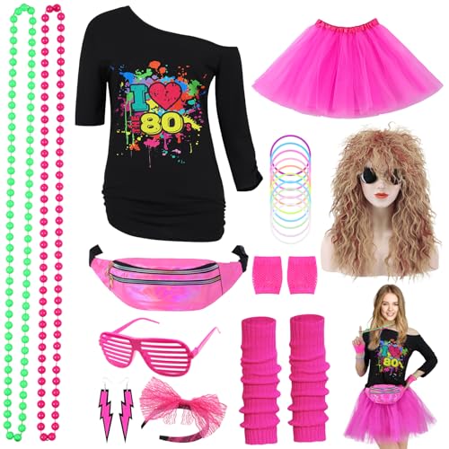 80er Jahre Outfit Damen, Neon Kostüm Damen Faschingskostüm 80er Jahre Erwachsener Mottoparty Outfit Kleidung für Karneval Fastnacht mit Neon Zubehör Tüllrock Gürteltasche Stirnband, Rot, G086XXXL von Geplaimir