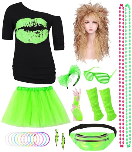 80er Jahre Outfit Damen 80er Jahre Kleidung Frauen Kostüm Accessoires Set mit T-Shirt 80er Perücke Tutu Bauchtasche Stirnband Ohrring Halskette Netzhandschuhe Thema Retro Neon Party Grün 053GL von Geplaimir