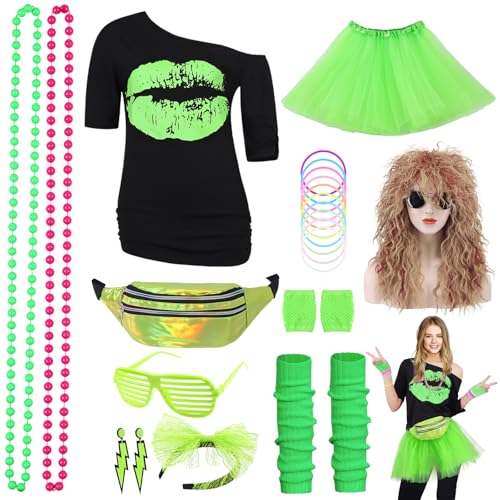 80er Jahre Outfit Damen 80er Jahre Kleidung Frauen Kostüm Accessoires Set mit T-Shirt 80er Perücke Tutu Bauchtasche Stirnband Ohrring Halskette Netzhandschuhe Thema Retro Neon Party Grün 053GM von Geplaimir