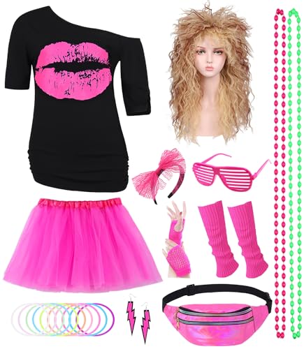 80er Jahre Outfit Damen 80er Jahre Kleidung Frauen Kostüm Accessoires Set mit T-Shirt 80er Perücke Tutu Bauchtasche Stirnband Ohrring Halskette Netzhandschuhe Thema Retro Neon Party Rosa 053RL von Geplaimir