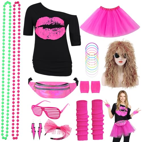 80er Jahre Outfit Damen 80er Jahre Kleidung Frauen Kostüm Accessoires Set mit T-Shirt 80er Perücke Tutu Bauchtasche Stirnband Ohrring Halskette Netzhandschuhe Thema Retro Neon Party Rosa 053RM von Geplaimir