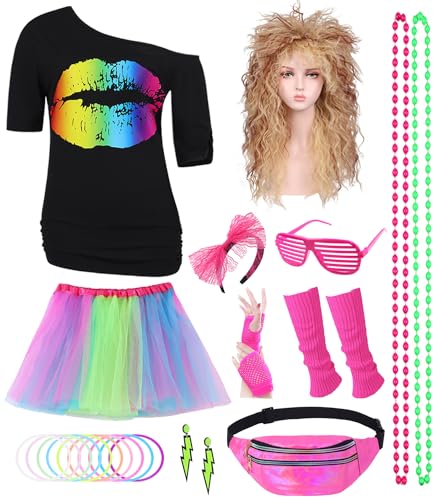 80er Jahre Outfit Damen 80er Jahre Kleidung Frauen Kostüm Accessoires Set mit T-Shirt 80er Perücke Tutu Bauchtasche Stirnband Ohrring Netzhandschuhe Thema Retro Neon Party Regenbogen 053CXXL von Geplaimir