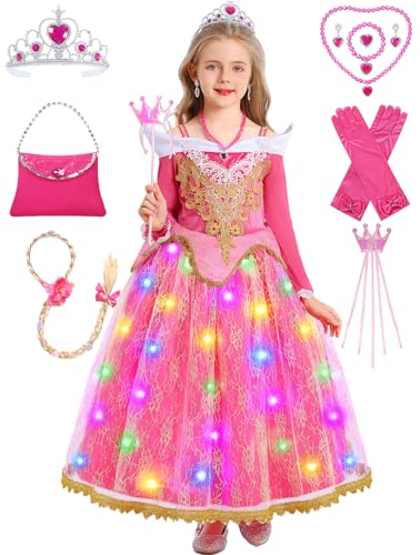 Dornröschen Kostüm Mädchen, Prinzessin Aurora Kostüm Kinder, Dornröschen Kleid Faschingskostüm Rosa Kleid für Karneval Fastnacht Geburtstag mit Zubehör Perücke Handtasche Krone Zauberstab G085XXL von Geplaimir