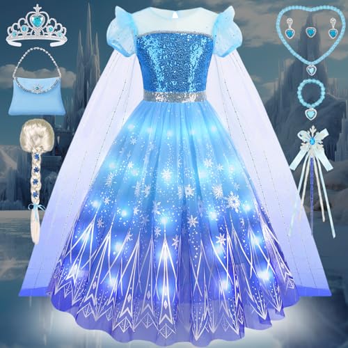 Elsa Kostüm Mädchen, Prinzessin Elsa Kleid Mädchen, Elsa Kostüm Kinder Faschingskostüme Kinder Elsa Kleid Eiskönigin Eisprinzessin Elsa Cosplay Outfit mit Zubehör Krone zauberstab Zopf G083L von Geplaimir