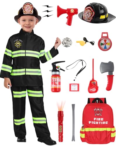 Feuerwehrmann Kostüm Kinder Feuerwehr Kostüm Set mit Feuerwehrspielzeug Feuerwehrhelm Feuerwehrchef Cosplay für Kinder Jungen Mädchen Karneval Halloween Fasching 11-12 Jahre G081XXL von Geplaimir