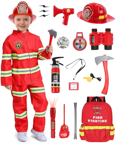 Feuerwehrmann Kostüm Set für Kinder Jungen Mädchen mit 14 Feuerwehrspielzeug Accessoires Wasser-Feuerlöscher Feuerwehrhelm Feuerwehr Spielzeug für Karneval Halloween Feuerheld 3-12 Jahre G039XXLA von Geplaimir