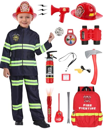 Feuerwehrmann Kostüm Set für Kinder Jungen Mädchen mit 14 Feuerwehrspielzeug Accessoires Wasser-Feuerlöscher Feuerwehrhelm Feuerwehr Spielzeug für Karneval Halloween Feuerheld 3-12 Jahre G040M von Geplaimir