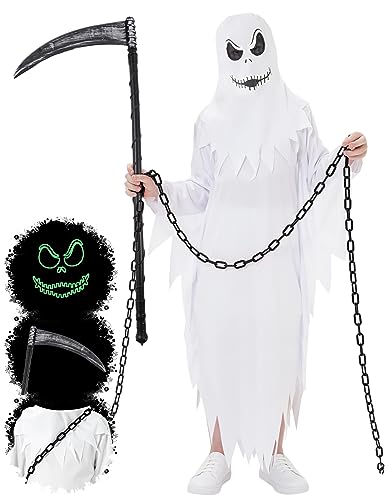 Geist Kinderkostüm Gespenst Weiß Ghost Robe Geisterroben Kostüm mit Sichel Plastikkette Jungen Mädchen Halloween Fasching Kostüm Boo Party für Kinder G049M von Geplaimir