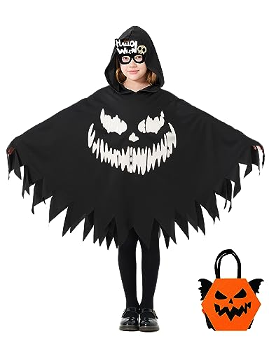 Geist Umhang Gespenst Schwarz Ghost Umhang Kinderkostüm mit Geistergesicht Gespenster Mantel mit Kappe und Kürbis Tasche, Kniestrümpfe für Kinder Mädchen Halloween Fasching Kostüm Party G079S von Geplaimir