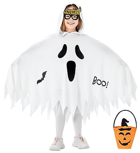 Geist Umhang Gespenst Weiß Ghost Umhang Kinderkostüm mit Geistergesicht Gespenster Mantel mit Kappe und Kürbis Tasche, Kniestrümpfe für Kinder Mädchen Halloween Fasching Kostüm Party G050L von Geplaimir