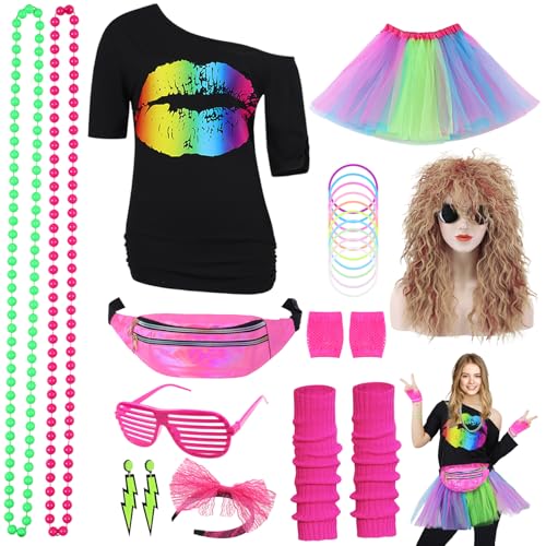 Geplaimir 80er Jahre Outfit Damen 80er Jahre Kleidung Frauen Kostüm Accessoires Set mit T-Shirt 80er Perücke Tutu Bauchtasche Stirnband Ohrring Netzhandschuhe Thema Retro Neon Party Regenbogen 053CM von Geplaimir