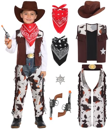 Geplaimir Cowboy Kostüm Kinder Set mit Cowboy Hut Weste Jungen Mädchen Western Cowboy Outfits Karneval Cosplay Party Zubehör mit Cowboy Bandana Hosen Sombrero Halstuch G080M von Geplaimir