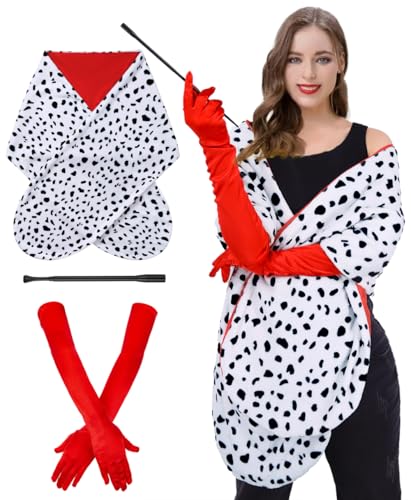 Geplaimir Cruella Kostüm für Damen Kinder Scarf für Cruella Deville Halloween Fasching Cosplay Party Accessoires+Rot Handschuhe+ Cruella Holder G020 von Geplaimir