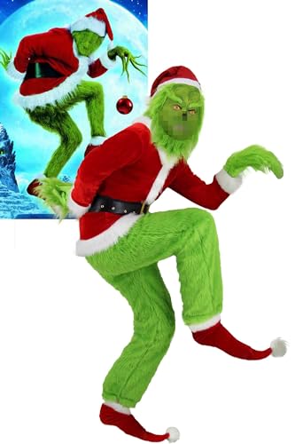 Geplaimir Grünes Monster Grinch Kostüm Erwachsener, Weihnachtsmann Kostüm für Männer Weihnachtsmann Anzug Grünes Weihnachtsmann Outfit mit Maske für Halloween Fasching Party G057L von Geplaimir