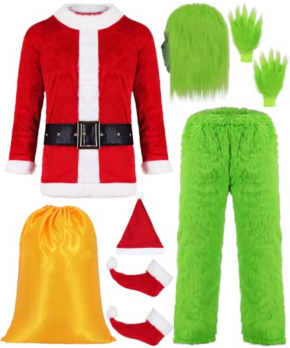 Geplaimir Grünes Monster Grinch Kostüm Erwachsener, Weihnachtsmann Kostüm für Männer Weihnachtsmann Anzug Grünes Weihnachtsmann Outfit mit Maske für Halloween Fasching Party G057L von Geplaimir