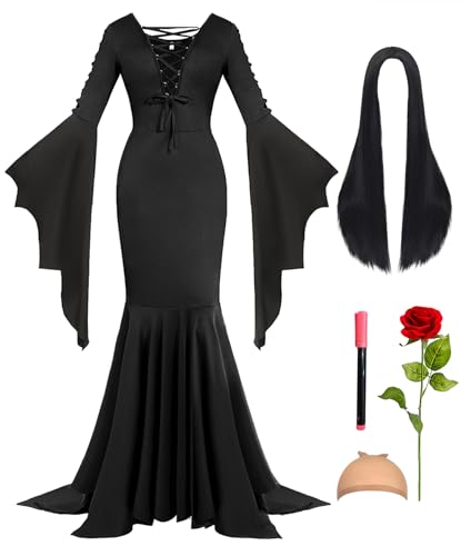 Geplaimir Halloween Kostüm für Damen Gothic Lang Kleid, Perücke Schwarze mit Wig Cap Künstliche Rote Rosen Hexenkostüm Karneval Party Cosplay G077-3XL von Geplaimir