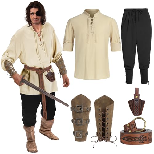 Geplaimir Herren Mittelalter Kostüm Hemd Viking Renaissance Viktorian Piraten Steampunk Cosplay Schnürhemd Top with Zubehör Wikinger Hose Männer Armschienen PU-Leder-O-Ring-Gürtel G070M von Geplaimir