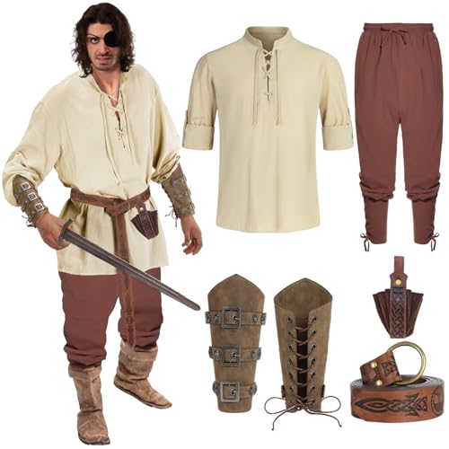 Geplaimir Herren Mittelalter Kostüm Hemd Viking Renaissance Viktorian Piraten Steampunk Cosplay Schnürhemd Top with Zubehör Wikinger Hose Männer Armschienen PU-Leder-O-Ring-Gürtel G071L von Geplaimir