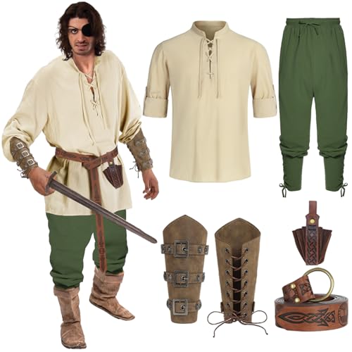 Geplaimir Herren Renaissance Kostüm Mittelalter Hemd Viking Viktorian Piraten Steampunk Cosplay Schnürhemd Top with Zubehör Wikinger Hose Männer Armschienen PU-Leder-O-Ring-Gürtel G070S von Geplaimir