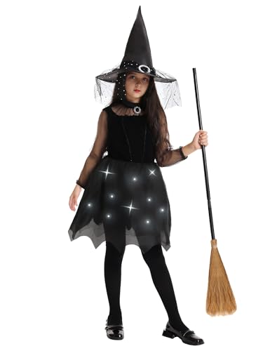 Geplaimir Hexen Kostüm Kinder Mädchen mit Hexenhut Zauberstab Light Up Kleid Schwarz Zubehör Hexenkostüm für Halloween Karneval 4 5 6 7 8 9 10 Jahre alt G055L von Geplaimir