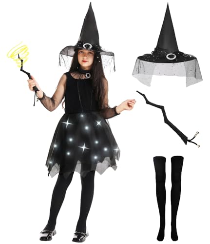 Geplaimir Hexen Kostüm Kinder Mädchen mit Hexenhut Zauberstab Light Up Kleid Schwarz Zubehör Hexenkostüm für Halloween Karneval 4 5 6 7 8 9 10 Jahre alt G055M von Geplaimir